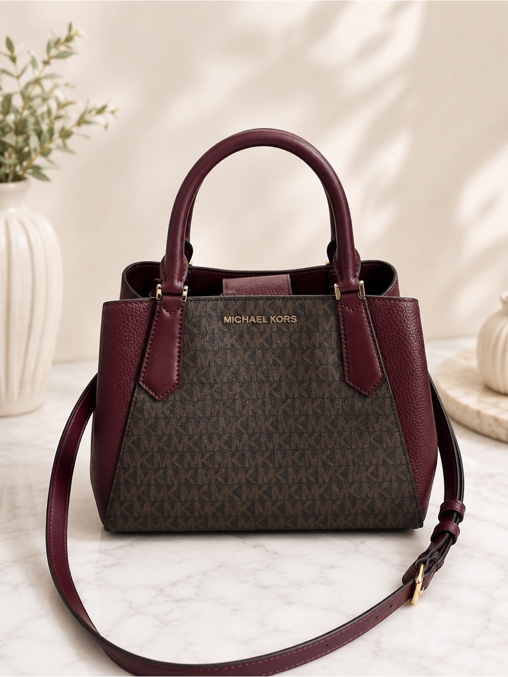 Michael Kors Mercer Signature Satchel Brown MK Logo Burgundy Leather Crossbody